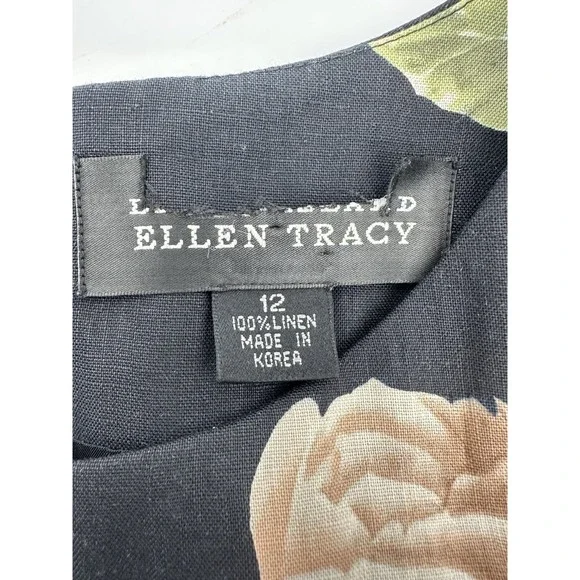 VTG 90s Ellen Tracy 100% Linen Dress 12 Black Floral Sheath Classic Cottagecore - Picture 4 of 14